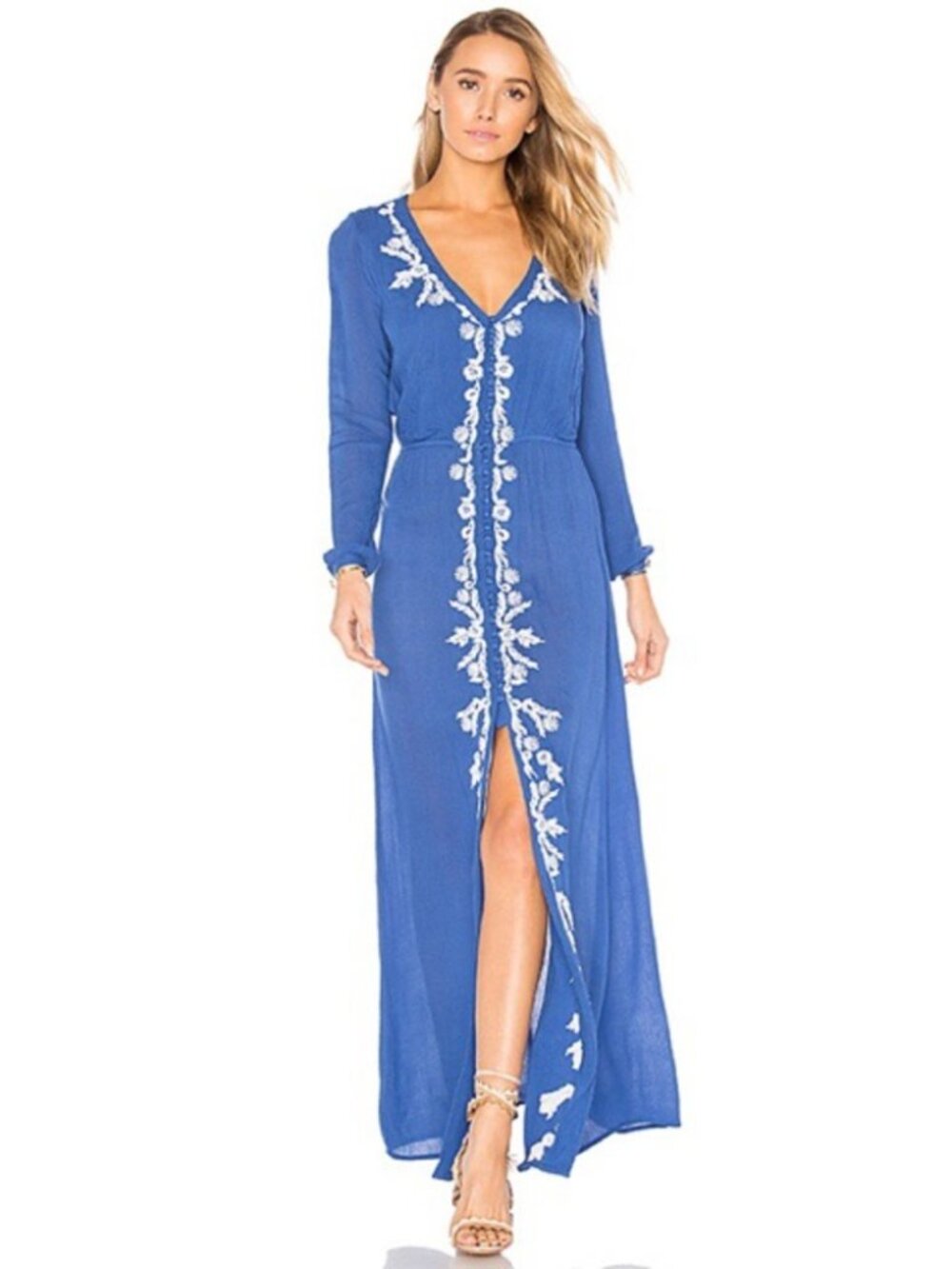 Lovers + Friends Valentine Periwinkle Boho Maxi Dress White Floral Embroidery S